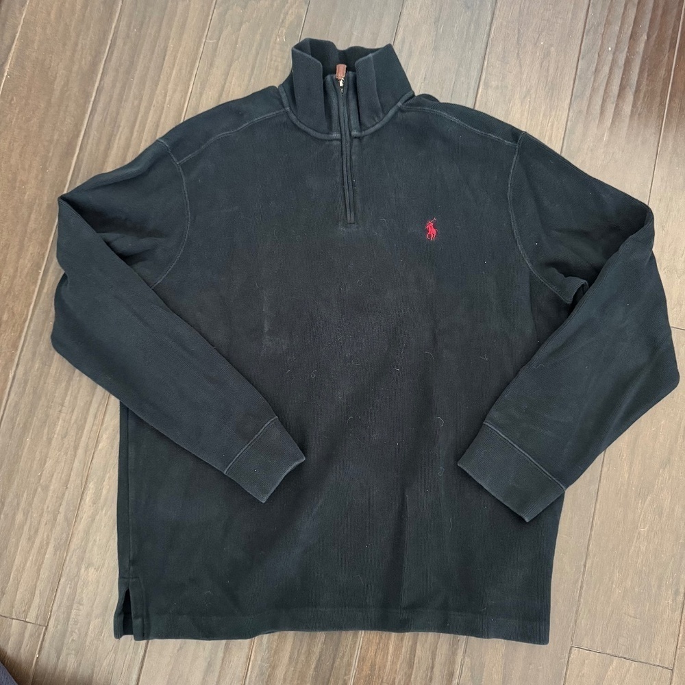 Polo Ralph Lauren Black Knit Quarter Zip 90s 100% Cotton Size Large